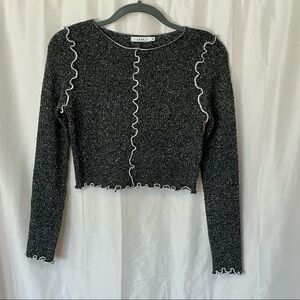 Lush Black Cropped Sweater with White Ruffle Trim - Size Small
